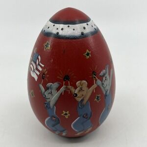 Vintage patriotic wood hand painted egg‎ shaped Artist Signed Rosie 93' Rabbits